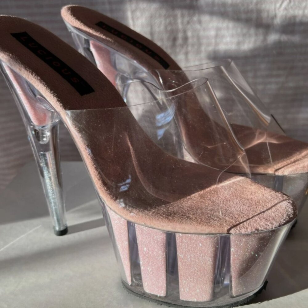VTG LUCIOUS Centerfold-701G BAby Pink Glitter / Clear 6 3/4 Spike Heels Sz 9 NEW